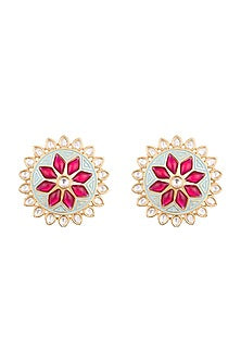 Yellow Rhodium Plated Turquoise Blue Enamelled Kundan Stud Earrings