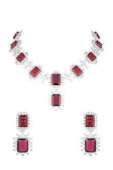 White Rhodium Plated Faux Diamond & Red Stone Necklace Set