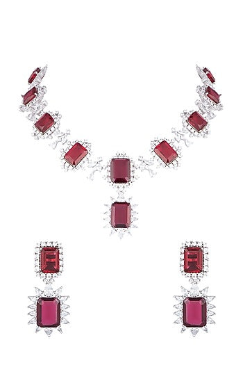 White Rhodium Plated Faux Diamond & Red Stone Necklace Set