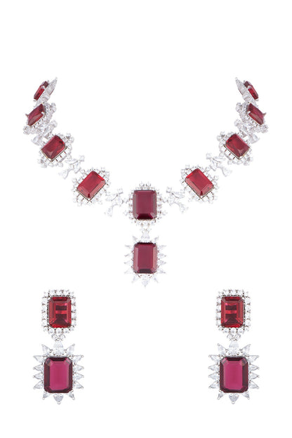 White Rhodium Plated Faux Diamond & Red Stone Necklace Set