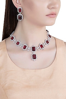White Rhodium Plated Faux Diamond & Red Stone Necklace Set