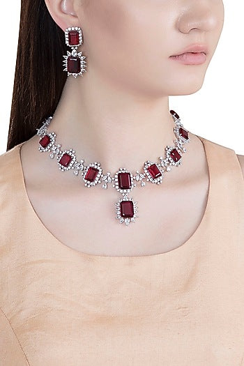 White Rhodium Plated Faux Diamond & Red Stone Necklace Set