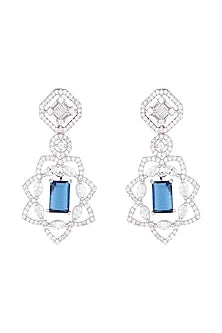 White Rhodium Plated Faux Diamond & Blue Stone Earrings