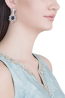 White Rhodium Plated Faux Diamond & Blue Stone Earrings