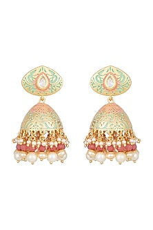 Gold Plated Kundan, Pearl & Red Bead Green Jhumka Earrings