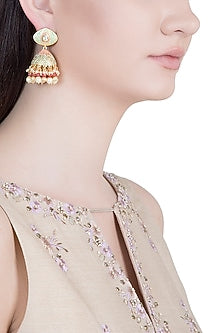 Gold Plated Kundan, Pearl & Red Bead Green Jhumka Earrings