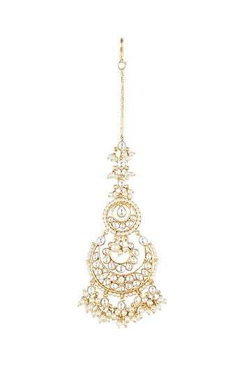 Yellow Rhodium Plated Kundan & Pearl Maangtika