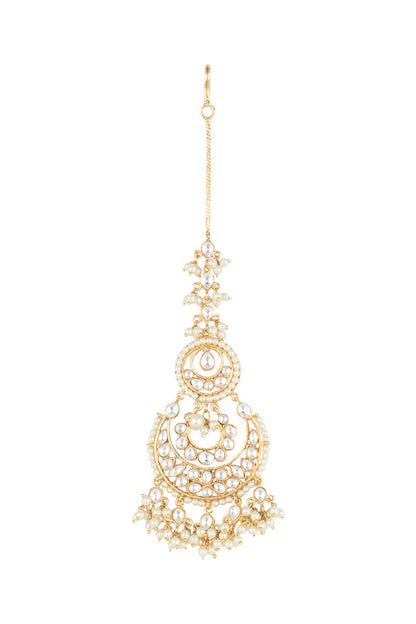 Yellow Rhodium Plated Kundan & Pearl Maangtika