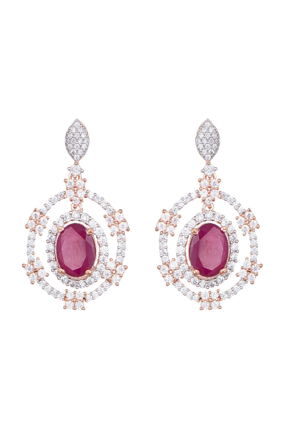 Rose Gold Plated Faux Diamond & Red Stone Earrings