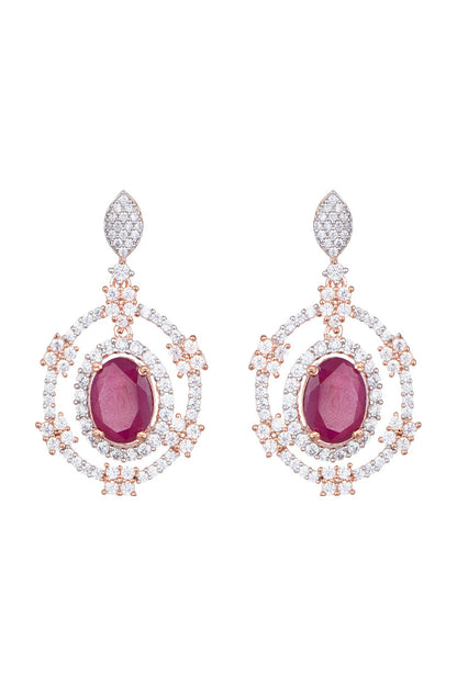 Rose Gold Plated Faux Diamond & Red Stone Earrings