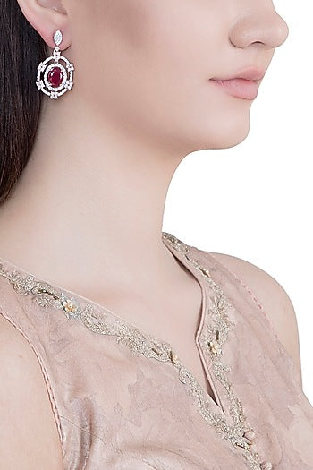 Rose Gold Plated Faux Diamond & Red Stone Earrings
