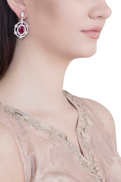 Rose Gold Plated Faux Diamond & Red Stone Earrings