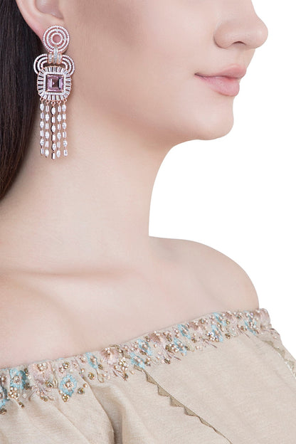 Rose Gold Plated Faux Diamond & Violet Stone Dangler Earrings