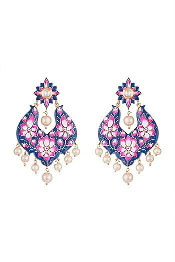 Gold Rhodium Finish Blue Meenakari Earrings