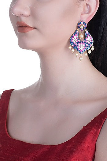 Gold Rhodium Finish Blue Meenakari Earrings
