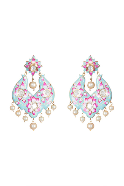 Gold Rhodium Finish Blue Meenakari Earrings