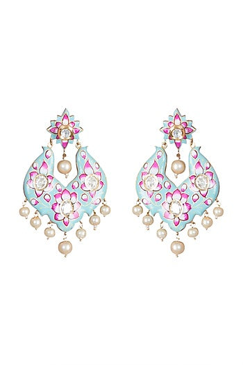 Gold Rhodium Finish Blue Meenakari Earrings