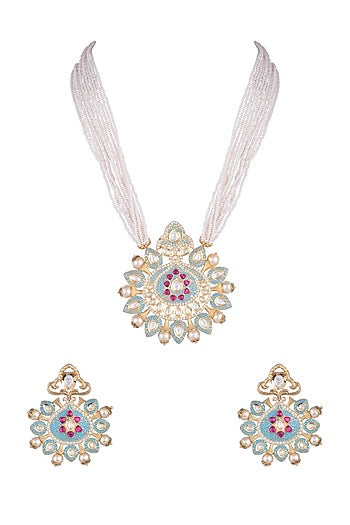 Gold Rhodium Finish Blue Enameled Kundan Necklace Set