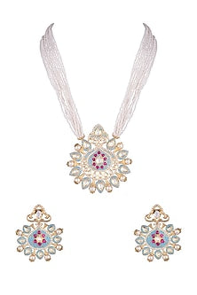 Gold Rhodium Finish Blue Enameled Kundan Necklace Set