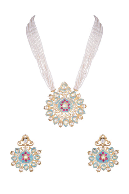 Gold Rhodium Finish Blue Enameled Kundan Necklace Set