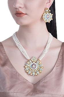 Gold Rhodium Finish Blue Enameled Kundan Necklace Set