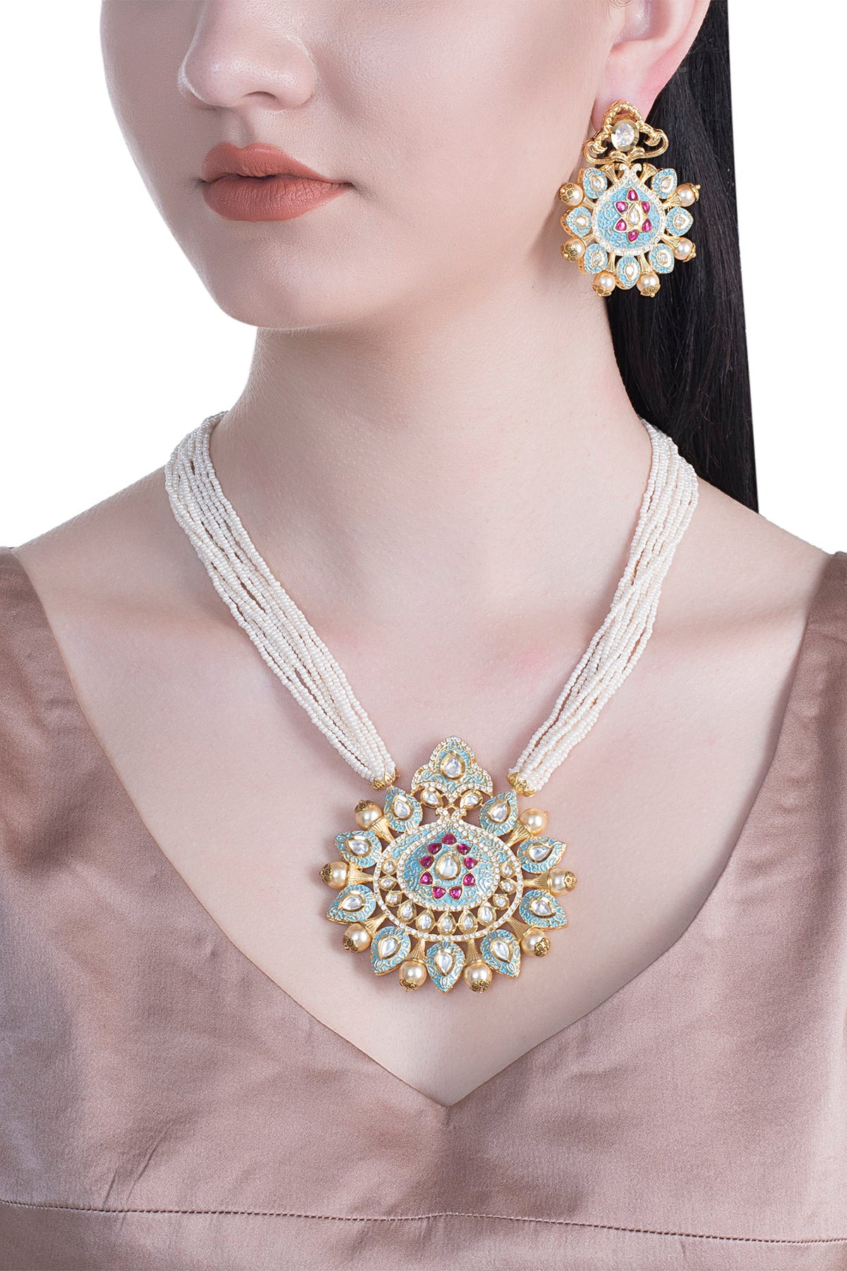 Gold Rhodium Finish Blue Enameled Kundan Necklace Set