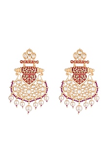 Gold Rhodium Finish Red Enameled Kundan Earrings