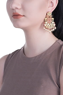 Gold Rhodium Finish Red Enameled Kundan Earrings