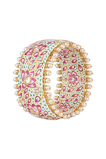 Gold Rhodium Finish Kundan & Pearl Meenakari Openable Bangle