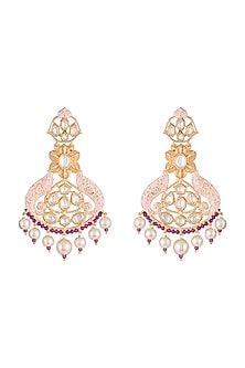 Gold Finish Pink Enameled Kundan & Pearl Earrings
