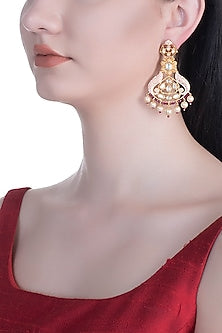 Gold Finish Pink Enameled Kundan & Pearl Earrings