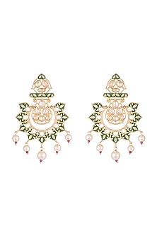 Gold Rhodium Finish Green Enameled Kundan & Pearl Earrings