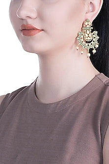 Gold Rhodium Finish Green Enameled Kundan & Pearl Earrings