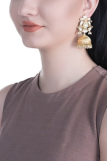 Gold Finish Kundan & Faux Pearl Jhumki Earrings