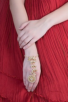 Gold Rhodium Finish Kundan & Faux Pearl Hathphool