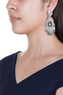 White Rhodium Finish Green Stone & Faux Diamond Earrings