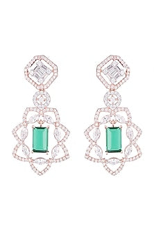 Rose Gold Finish Green Stone & Faux Diamond Long Earrings