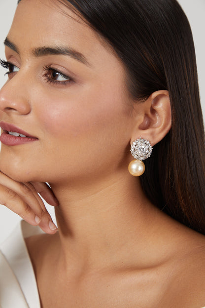 White Finish Diamond & Pearl Drop Earrings