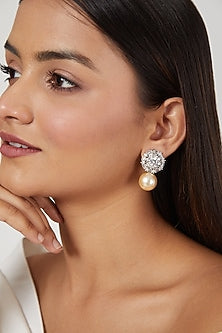 White Finish Diamond & Pearl Drop Earrings