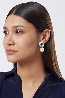 White Finish Pearl & Zircon Stud Earrings