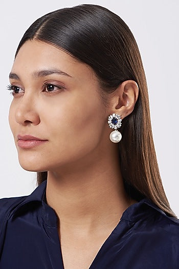 White Finish Pearl & Zircon Stud Earrings