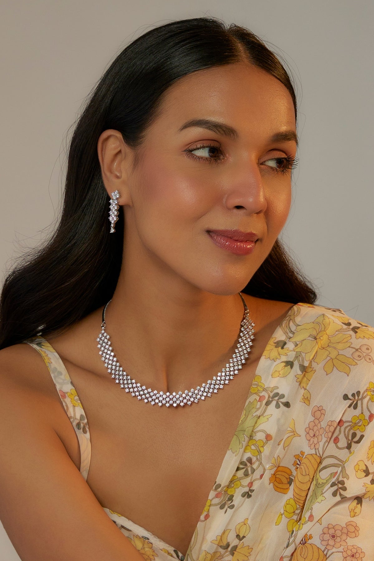 White Finish Faux Diamond Necklace Set