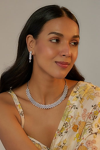 White Finish Faux Diamond Necklace Set