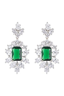 White Finish Faux Diamond & Green Stones Earrings