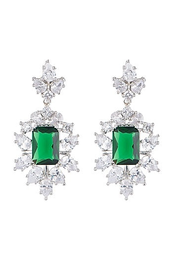 White Finish Faux Diamond & Green Stones Earrings