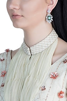White Finish Faux Diamond & Green Stones Earrings
