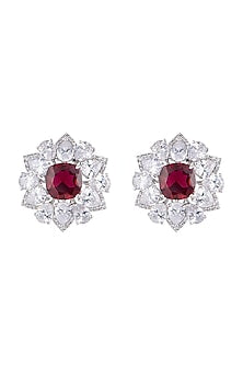 White Finish Faux Diamond & Red Stones Stud Earrings