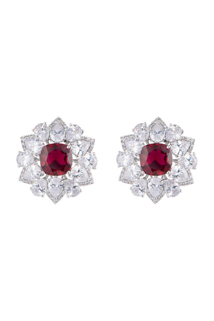 White Finish Faux Diamond & Red Stones Stud Earrings