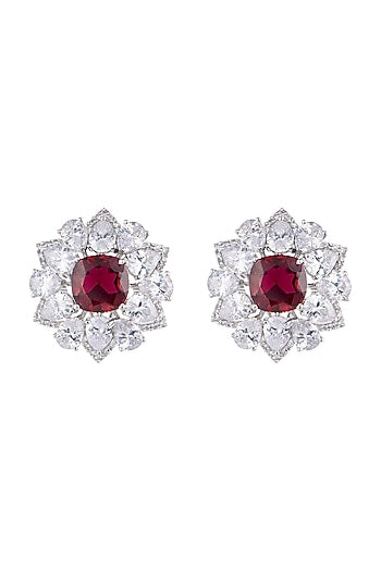 White Finish Faux Diamond & Red Stones Stud Earrings
