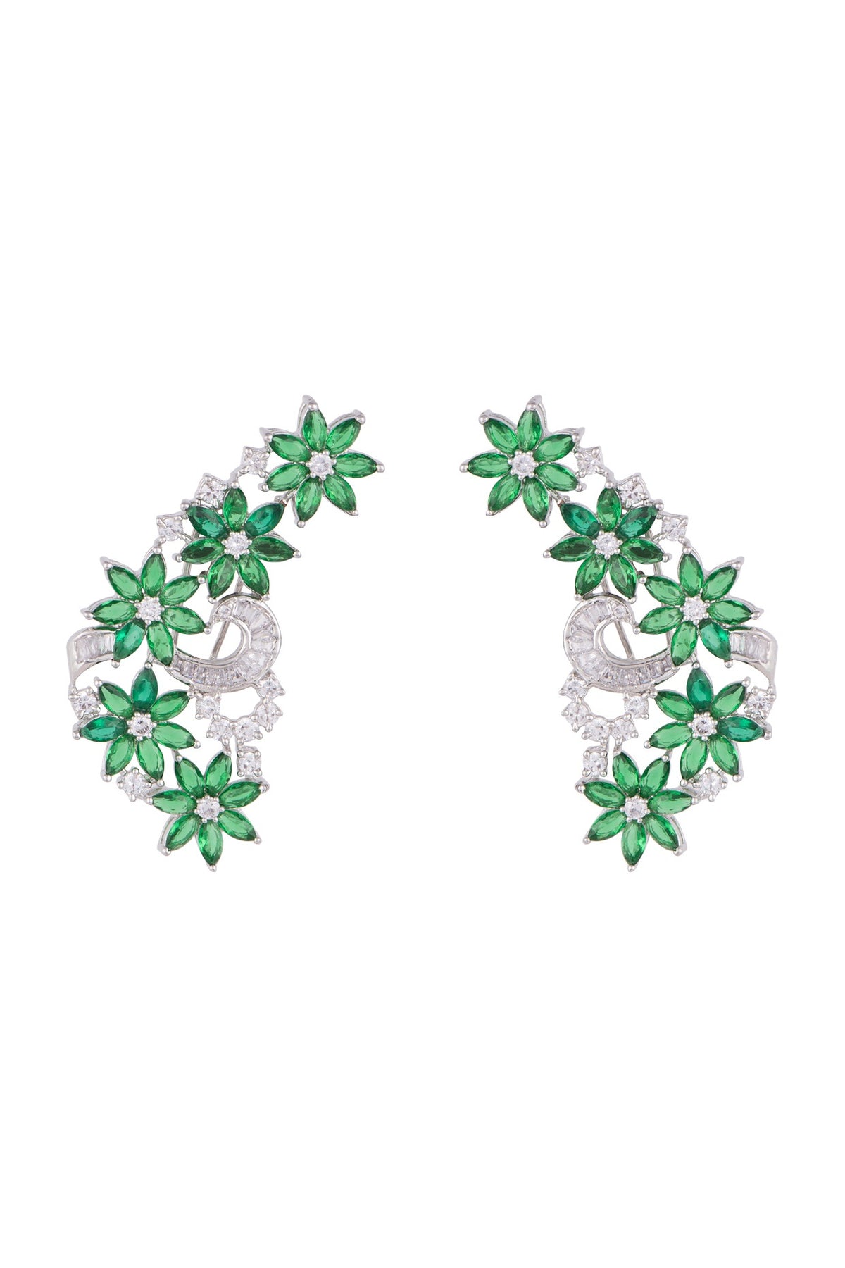 White Finish Green Stones & Faux Diamond Earrings